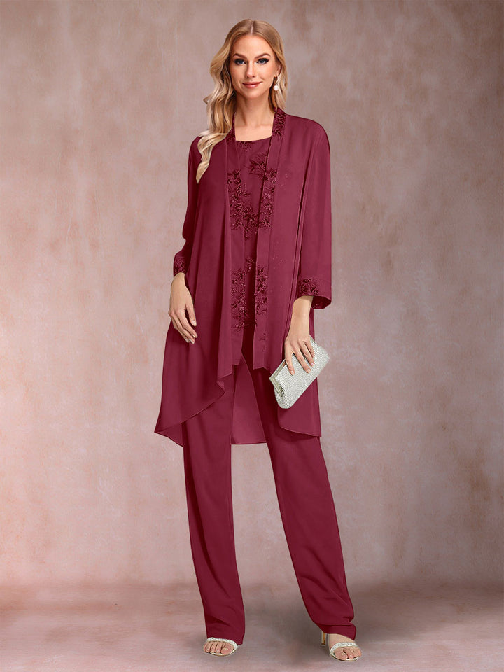 Chiffon Scoop Long Sleeves Floor-Length 3 Pieces Mother of the Bride Pantsuits with Appliques