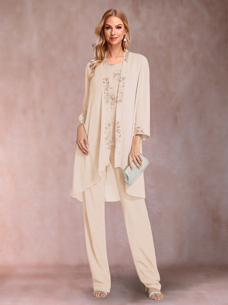 Chiffon Scoop Long Sleeves Floor-Length 3 Pieces Mother of the Bride Pantsuits with Appliques