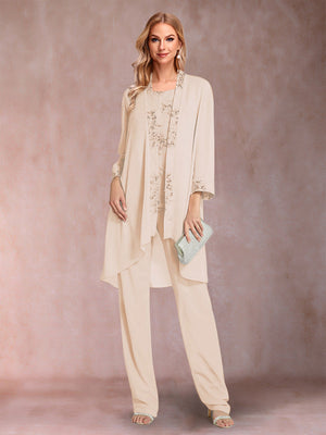 Chiffon Scoop Long Sleeves Floor-Length 3 Pieces Mother of the Bride Pantsuits with Appliques