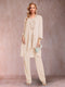 Chiffon Scoop Long Sleeves Floor-Length 3 Pieces Mother of the Bride Pantsuits with Appliques