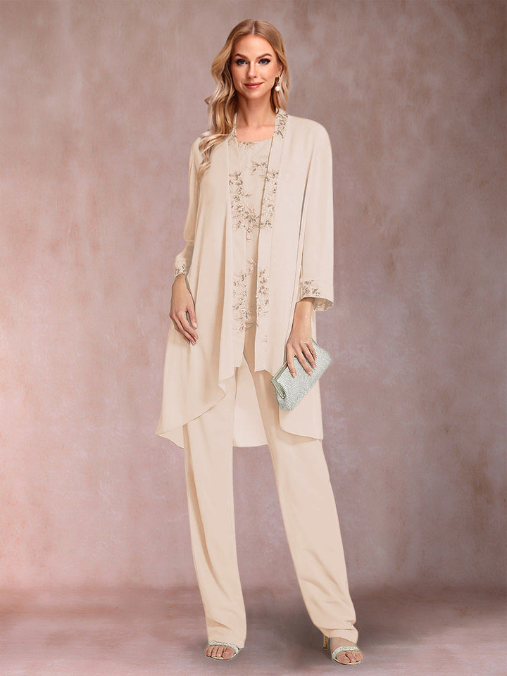 Chiffon Scoop Long Sleeves Floor-Length 3 Pieces Mother of the Bride Pantsuits with Appliques
