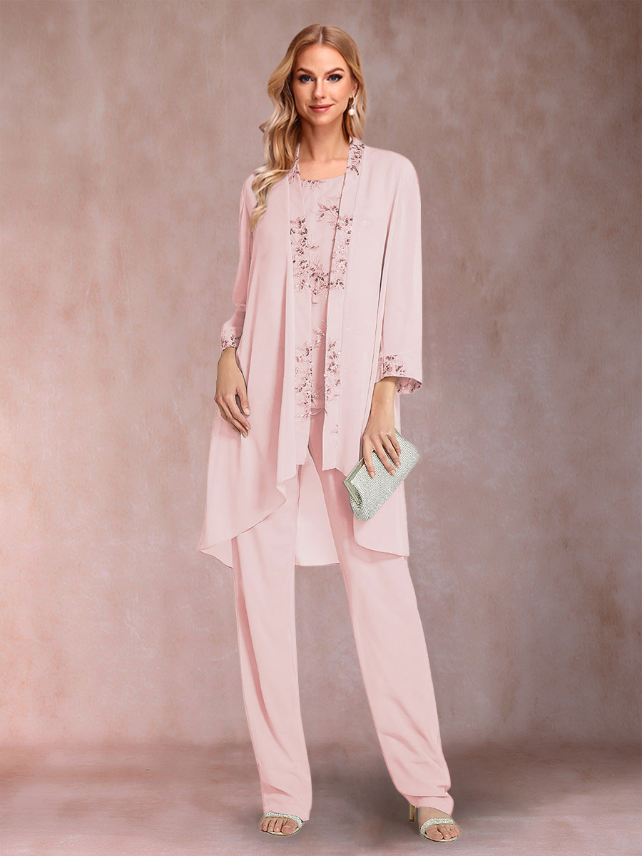Chiffon Scoop Long Sleeves Floor-Length 3 Pieces Mother of the Bride Pantsuits with Appliques