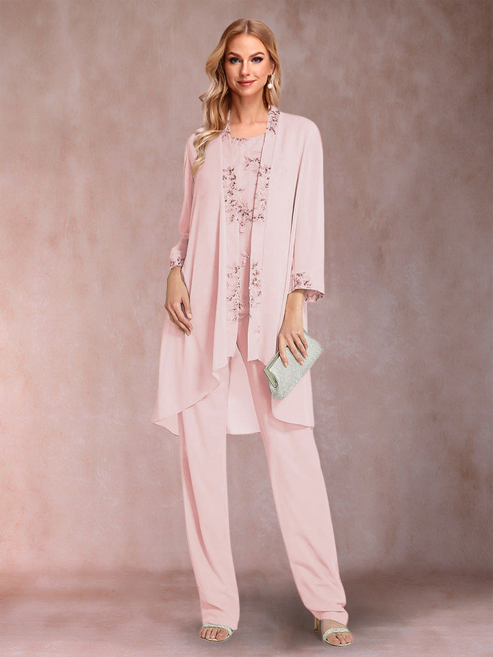 Chiffon Scoop Long Sleeves Floor-Length 3 Pieces Mother of the Bride Pantsuits with Appliques