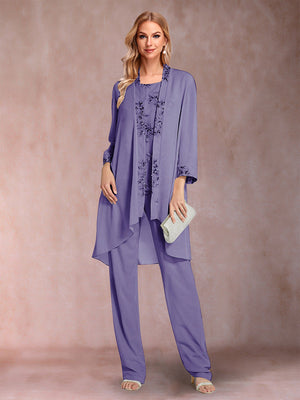 Chiffon Scoop Long Sleeves Floor-Length 3 Pieces Mother of the Bride Pantsuits with Appliques