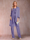 Chiffon Scoop Long Sleeves Floor-Length 3 Pieces Mother of the Bride Pantsuits with Appliques