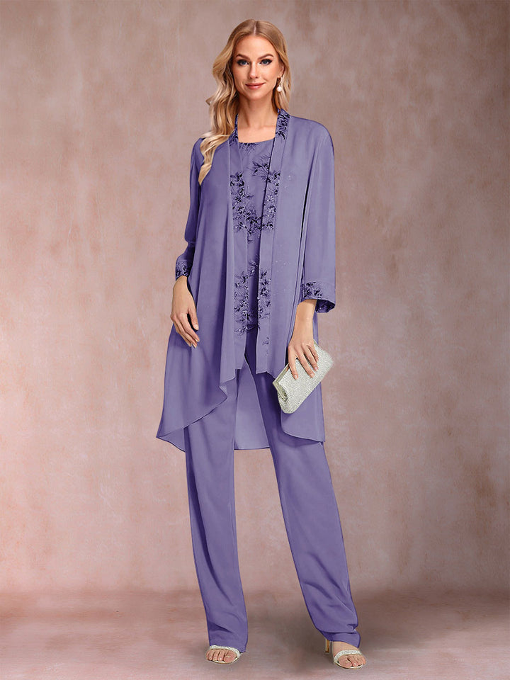 Chiffon Scoop Long Sleeves Floor-Length 3 Pieces Mother of the Bride Pantsuits with Appliques