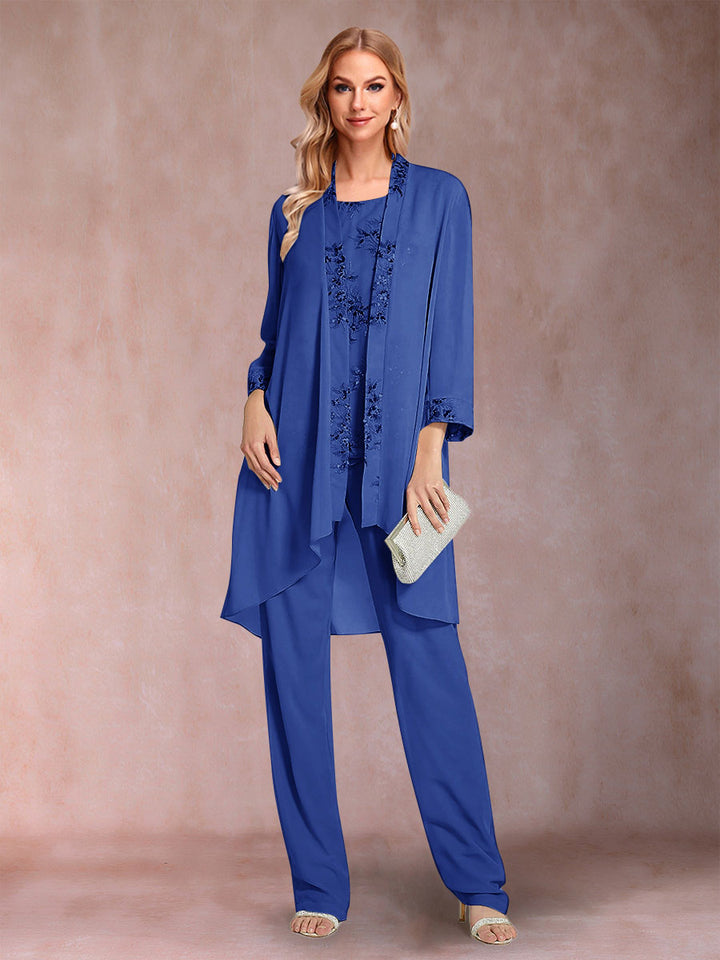 Chiffon Scoop Long Sleeves Floor-Length 3 Pieces Mother of the Bride Pantsuits with Appliques
