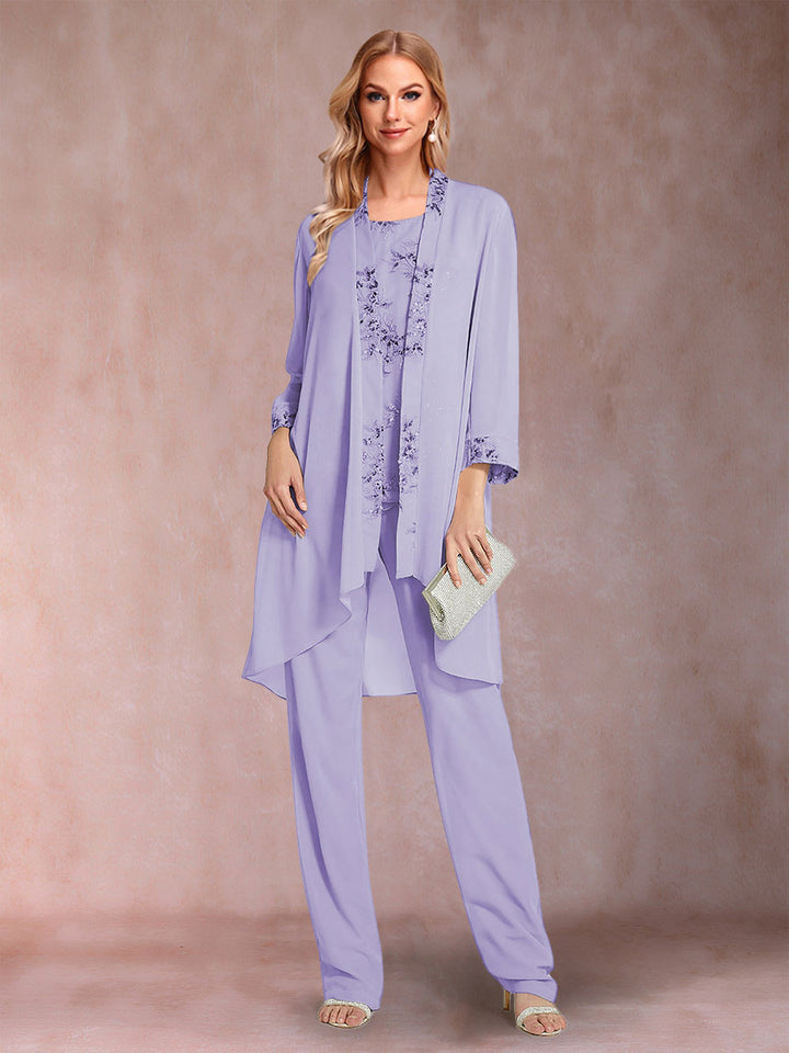 Chiffon Scoop Long Sleeves Floor-Length 3 Pieces Mother of the Bride Pantsuits with Appliques
