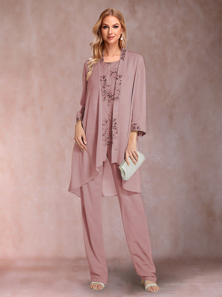 Chiffon Scoop Long Sleeves Floor-Length 3 Pieces Mother of the Bride Pantsuits with Appliques