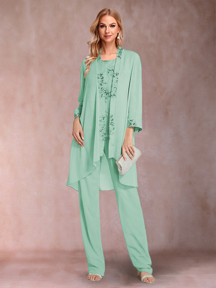 Chiffon Scoop Long Sleeves Floor-Length 3 Pieces Mother of the Bride Pantsuits with Appliques