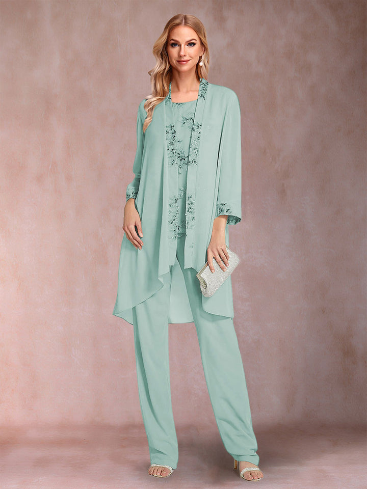 Chiffon Scoop Long Sleeves Floor-Length 3 Pieces Mother of the Bride Pantsuits with Appliques