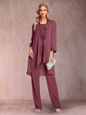 Chiffon Scoop Long Sleeves Floor-Length 3 Pieces Mother of the Bride Pantsuits with Appliques