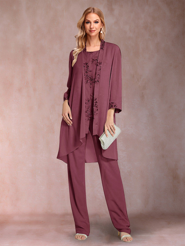 Chiffon Scoop Long Sleeves Floor-Length 3 Pieces Mother of the Bride Pantsuits with Appliques