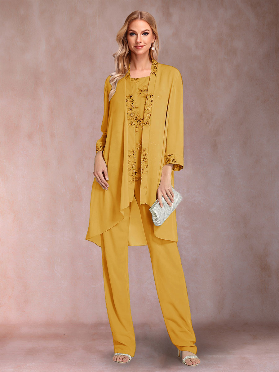 Chiffon Scoop Long Sleeves Floor-Length 3 Pieces Mother of the Bride Pantsuits with Appliques