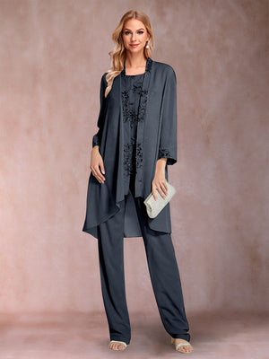 Chiffon Scoop Long Sleeves Floor-Length 3 Pieces Mother of the Bride Pantsuits with Appliques