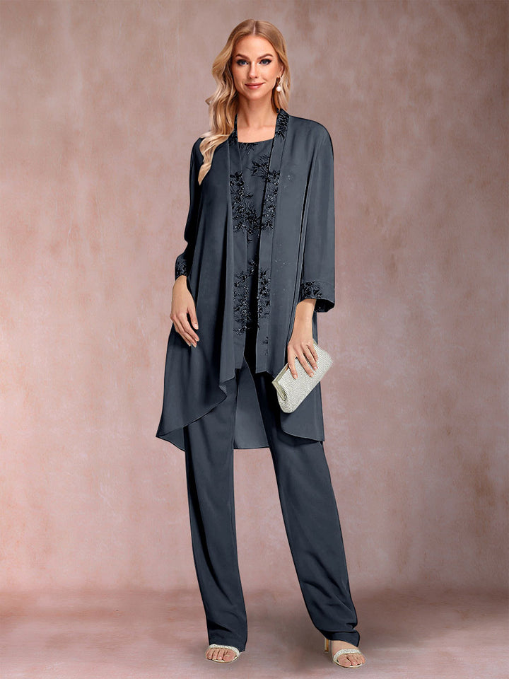 Chiffon Scoop Long Sleeves Floor-Length 3 Pieces Mother of the Bride Pantsuits with Appliques
