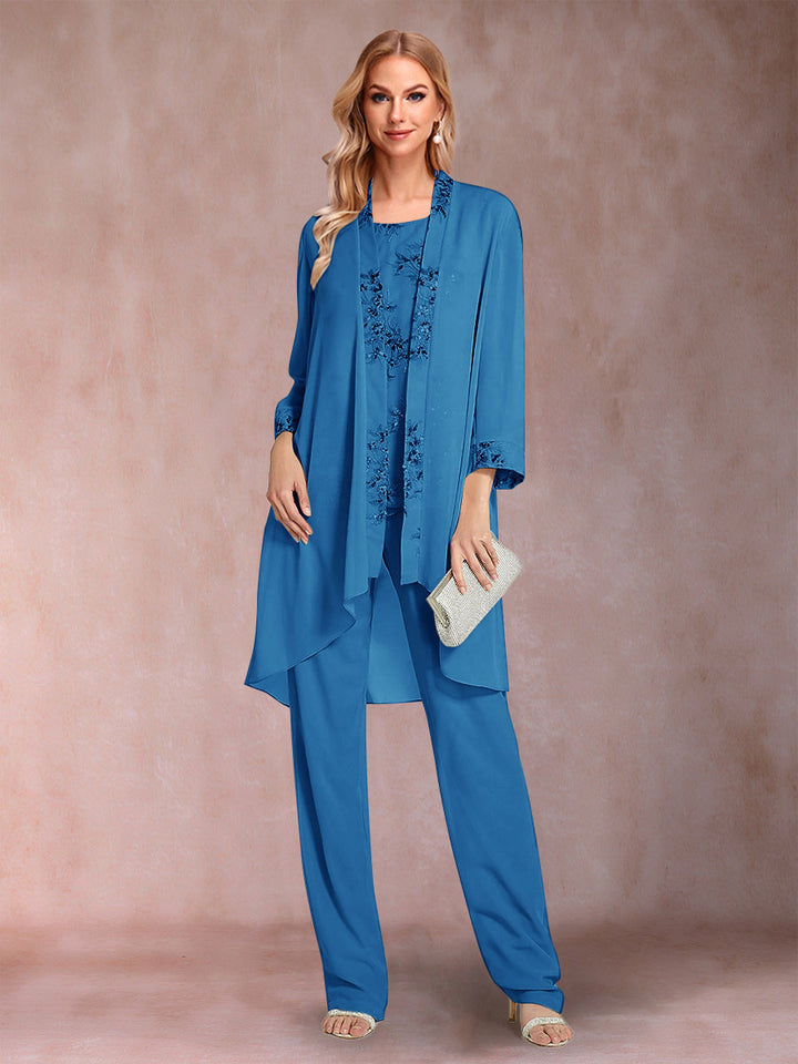 Chiffon Scoop Long Sleeves Floor-Length 3 Pieces Mother of the Bride Pantsuits with Appliques