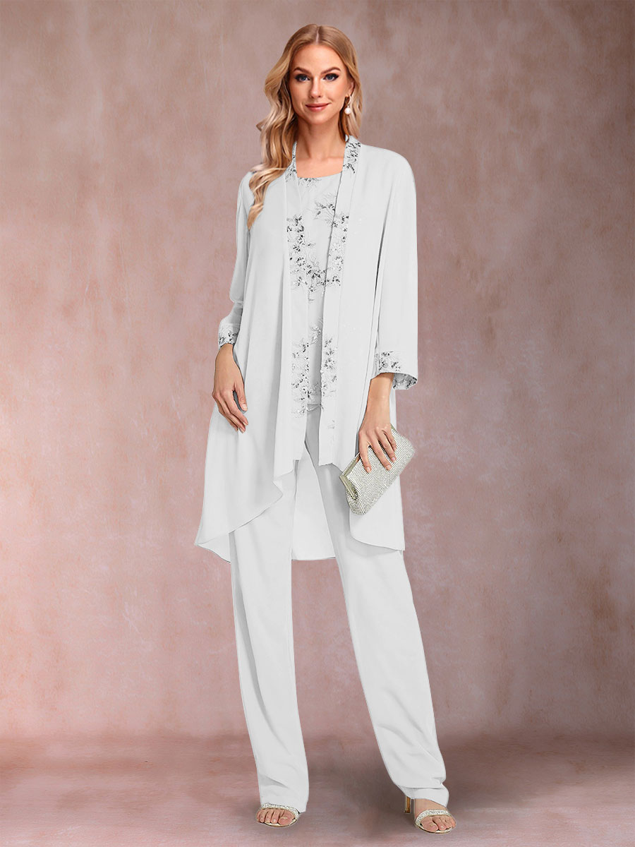 Chiffon Scoop Long Sleeves Floor-Length 3 Pieces Mother of the Bride Pantsuits with Appliques