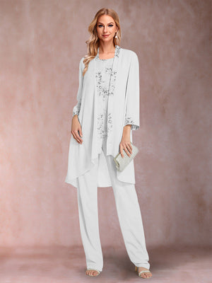 Chiffon Scoop Long Sleeves Floor-Length 3 Pieces Mother of the Bride Pantsuits with Appliques