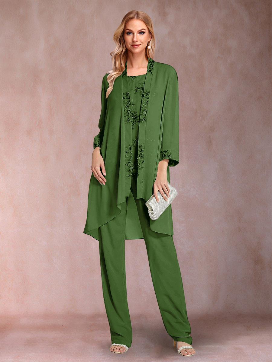 Chiffon Scoop Long Sleeves Floor-Length 3 Pieces Mother of the Bride Pantsuits with Appliques