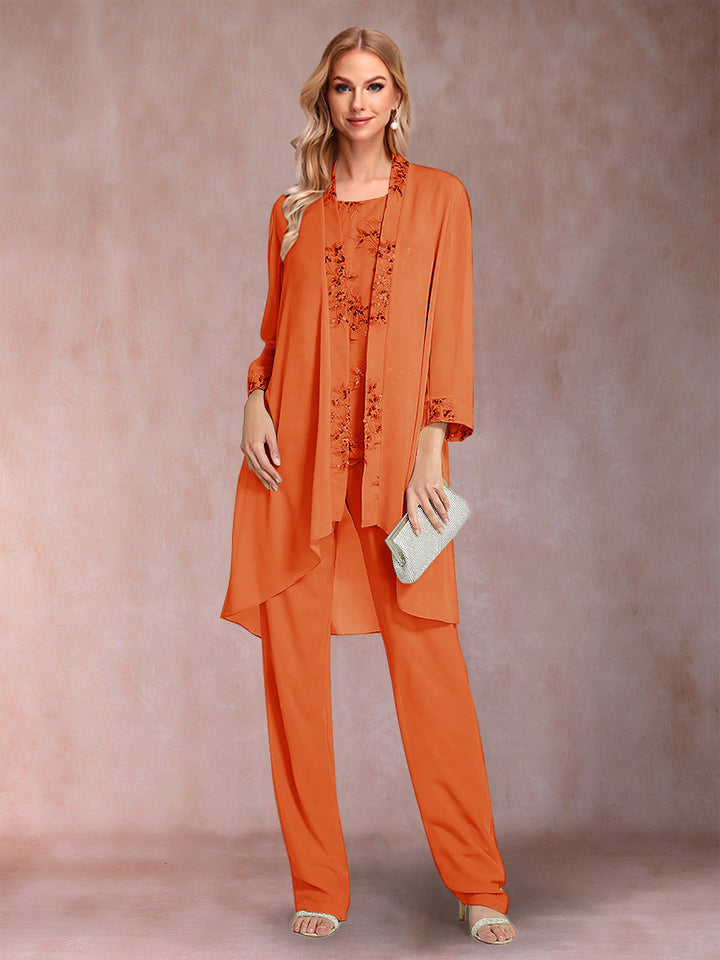 Chiffon Scoop Long Sleeves Floor-Length 3 Pieces Mother of the Bride Pantsuits with Appliques