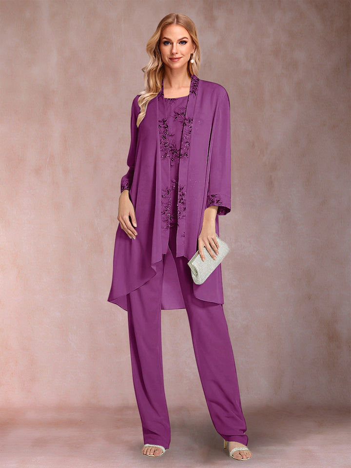 Chiffon Scoop Long Sleeves Floor-Length 3 Pieces Mother of the Bride Pantsuits with Appliques