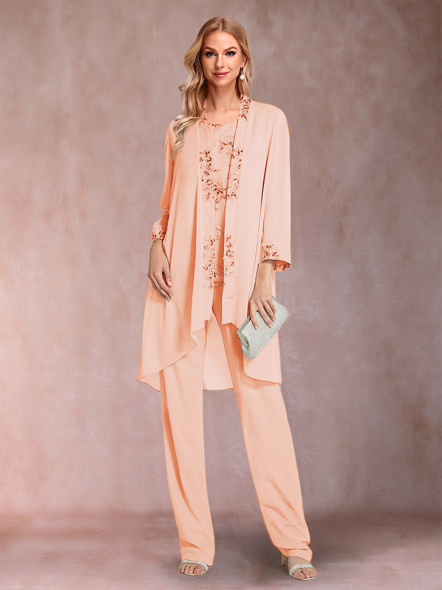 Chiffon Scoop Long Sleeves Floor-Length 3 Pieces Mother of the Bride Pantsuits with Appliques