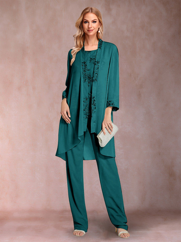 Chiffon Scoop Long Sleeves Floor-Length 3 Pieces Mother of the Bride Pantsuits with Appliques