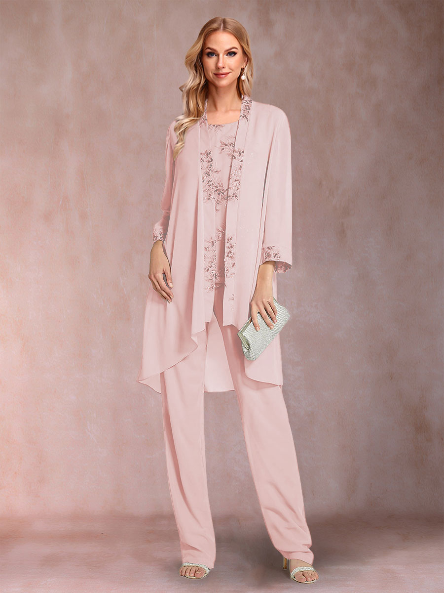 Chiffon Scoop Long Sleeves Floor-Length 3 Pieces Mother of the Bride Pantsuits with Appliques