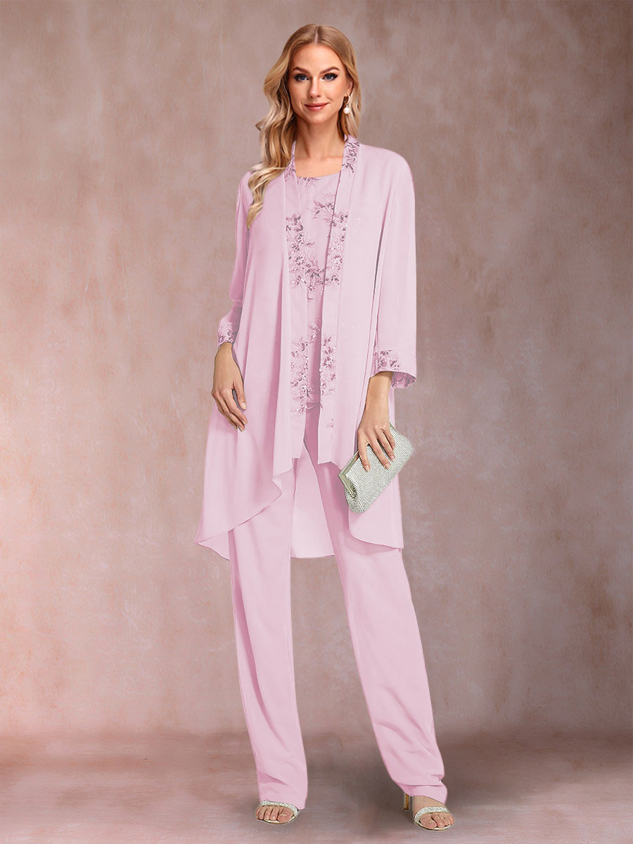 Chiffon Scoop Long Sleeves Floor-Length 3 Pieces Mother of the Bride Pantsuits with Appliques