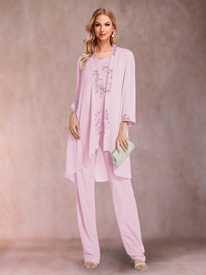 Chiffon Scoop Long Sleeves Floor-Length 3 Pieces Mother of the Bride Pantsuits with Appliques