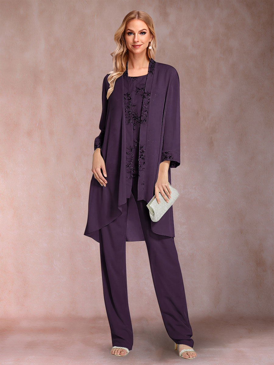 Chiffon Scoop Long Sleeves Floor-Length 3 Pieces Mother of the Bride Pantsuits with Appliques