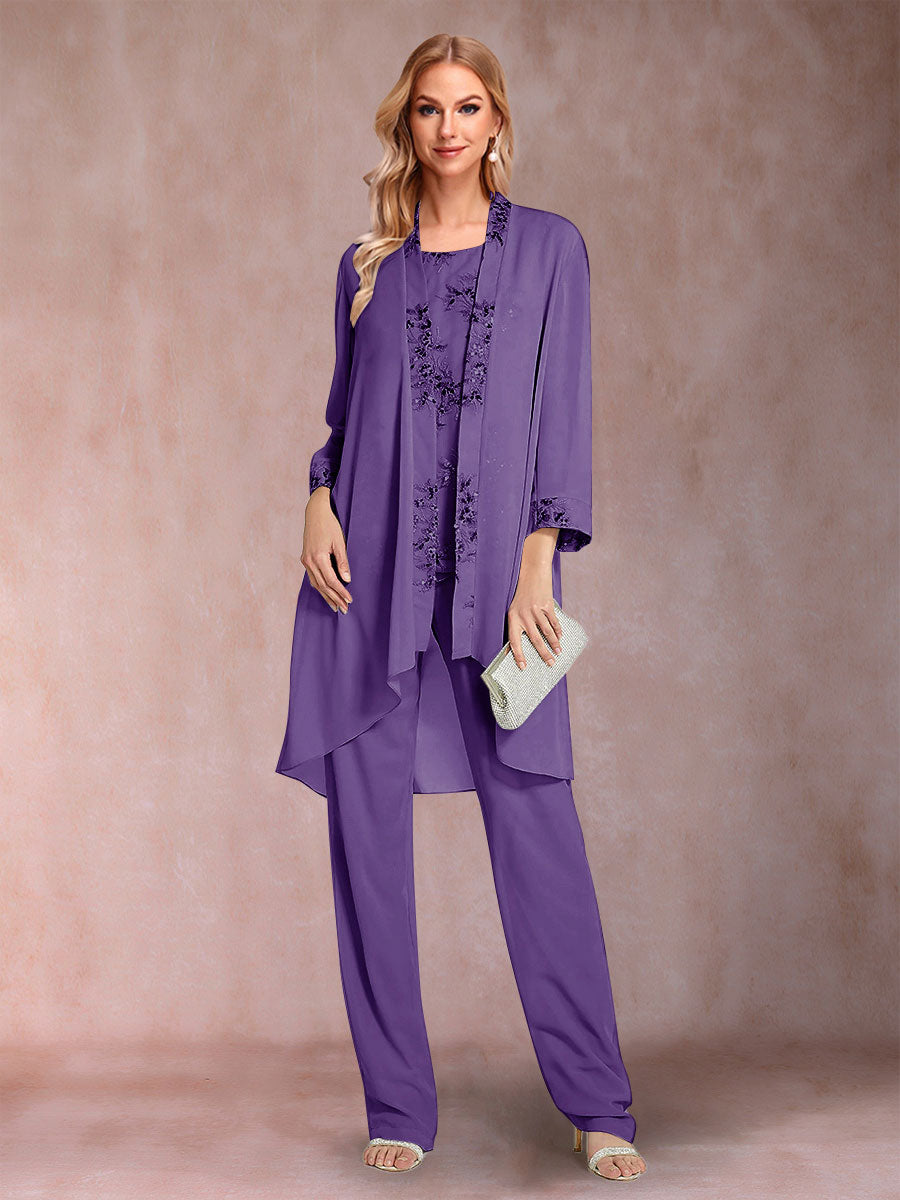Chiffon Scoop Long Sleeves Floor-Length 3 Pieces Mother of the Bride Pantsuits with Appliques