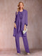 Chiffon Scoop Long Sleeves Floor-Length 3 Pieces Mother of the Bride Pantsuits with Appliques