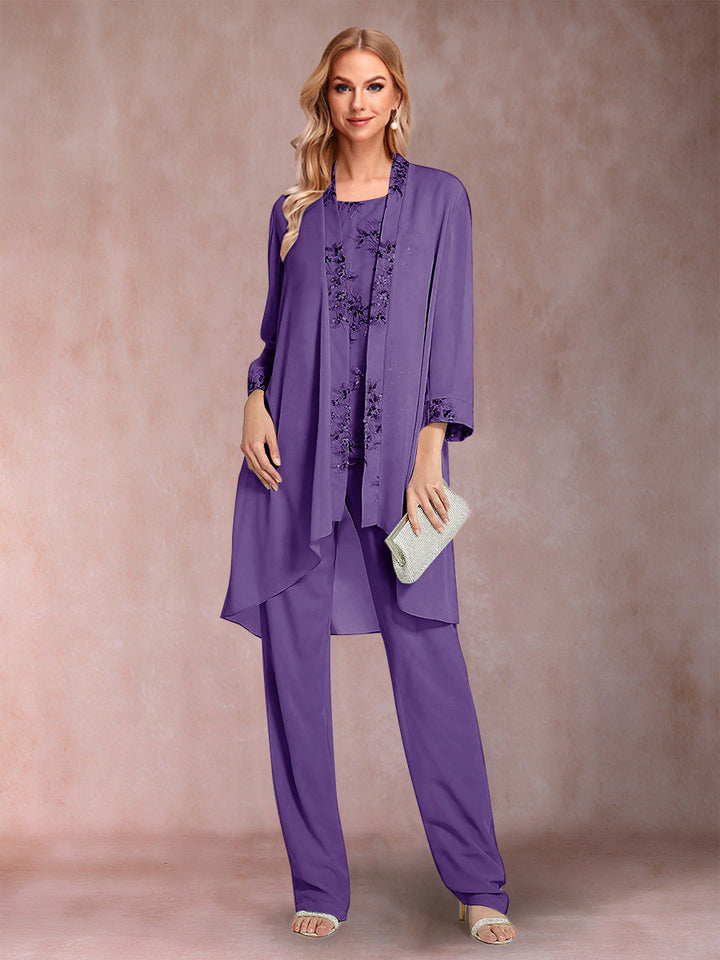 Chiffon Scoop Long Sleeves Floor-Length 3 Pieces Mother of the Bride Pantsuits with Appliques