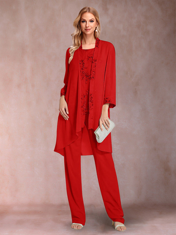 Chiffon Scoop Long Sleeves Floor-Length 3 Pieces Mother of the Bride Pantsuits with Appliques