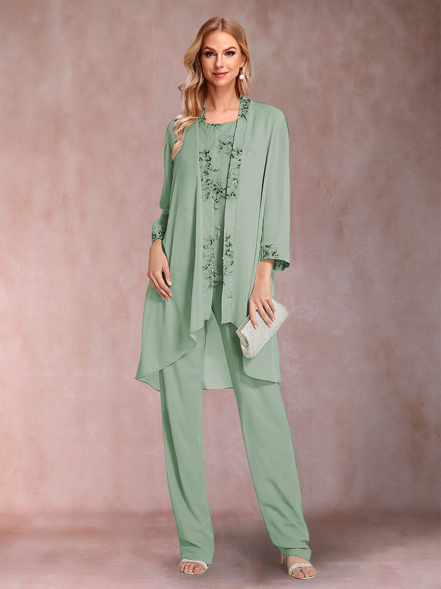 Chiffon Scoop Long Sleeves Floor-Length 3 Pieces Mother of the Bride Pantsuits with Appliques