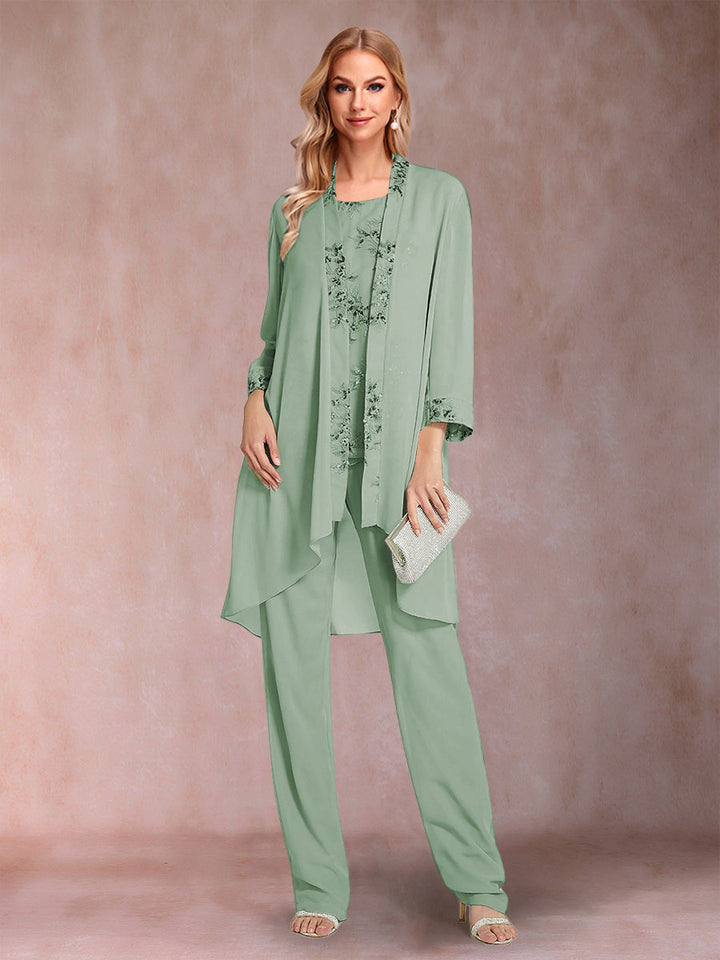 Chiffon Scoop Long Sleeves Floor-Length 3 Pieces Mother of the Bride Pantsuits with Appliques