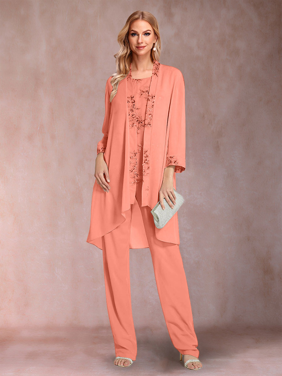 Chiffon Scoop Long Sleeves Floor-Length 3 Pieces Mother of the Bride Pantsuits with Appliques