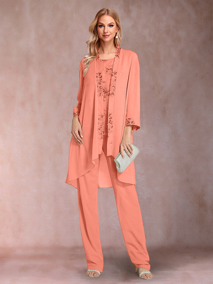 Chiffon Scoop Long Sleeves Floor-Length 3 Pieces Mother of the Bride Pantsuits with Appliques
