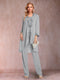 Chiffon Scoop Long Sleeves Floor-Length 3 Pieces Mother of the Bride Pantsuits with Appliques
