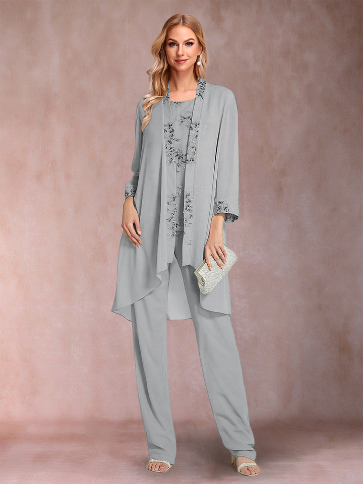 Chiffon Scoop Long Sleeves Floor-Length 3 Pieces Mother of the Bride Pantsuits with Appliques