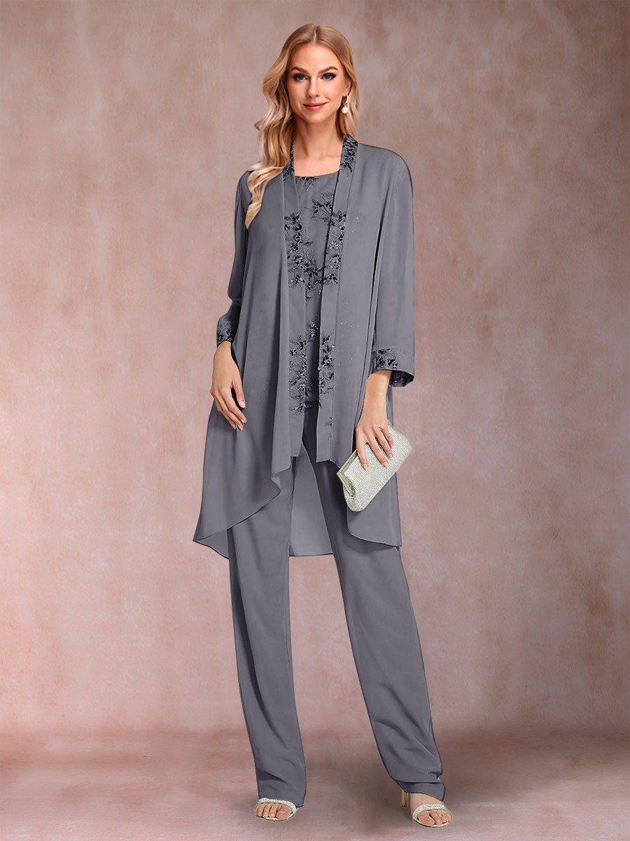 Chiffon Scoop Long Sleeves Floor-Length 3 Pieces Mother of the Bride Pantsuits with Appliques