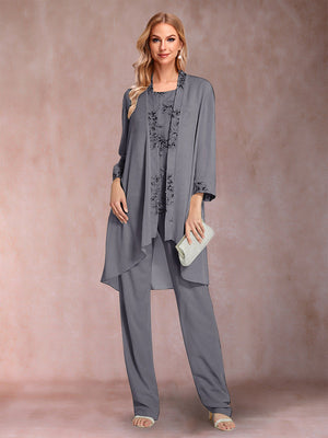 Chiffon Scoop Long Sleeves Floor-Length 3 Pieces Mother of the Bride Pantsuits with Appliques
