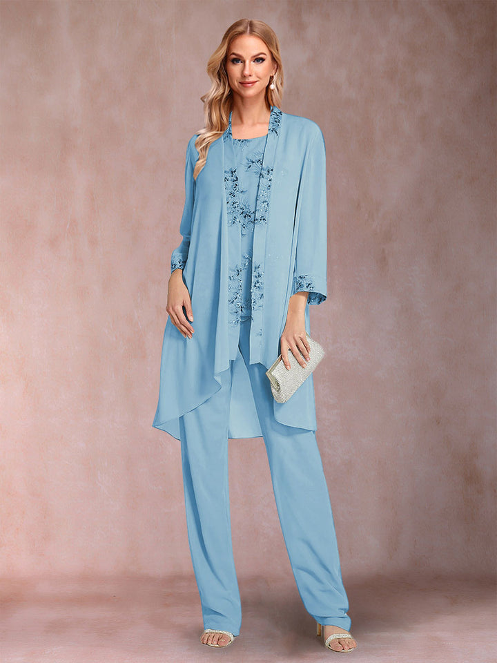 Chiffon Scoop Long Sleeves Floor-Length 3 Pieces Mother of the Bride Pantsuits with Appliques