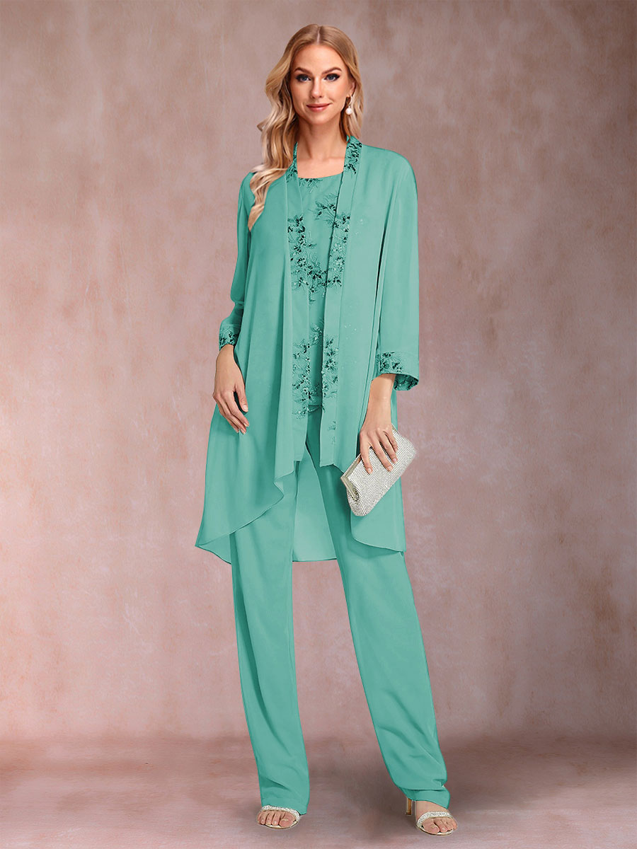 Chiffon Scoop Long Sleeves Floor-Length 3 Pieces Mother of the Bride Pantsuits with Appliques