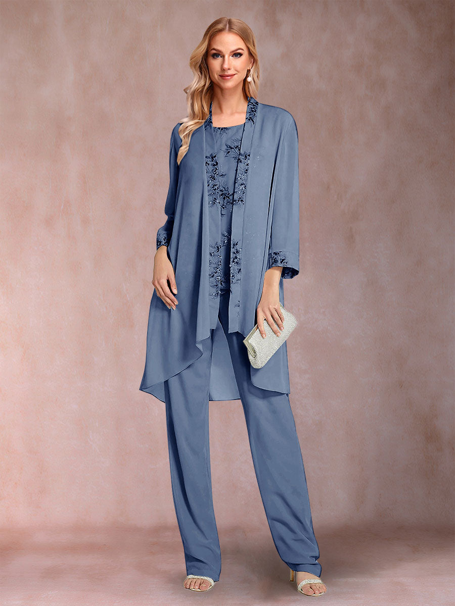 Chiffon Scoop Long Sleeves Floor-Length 3 Pieces Mother of the Bride Pantsuits with Appliques