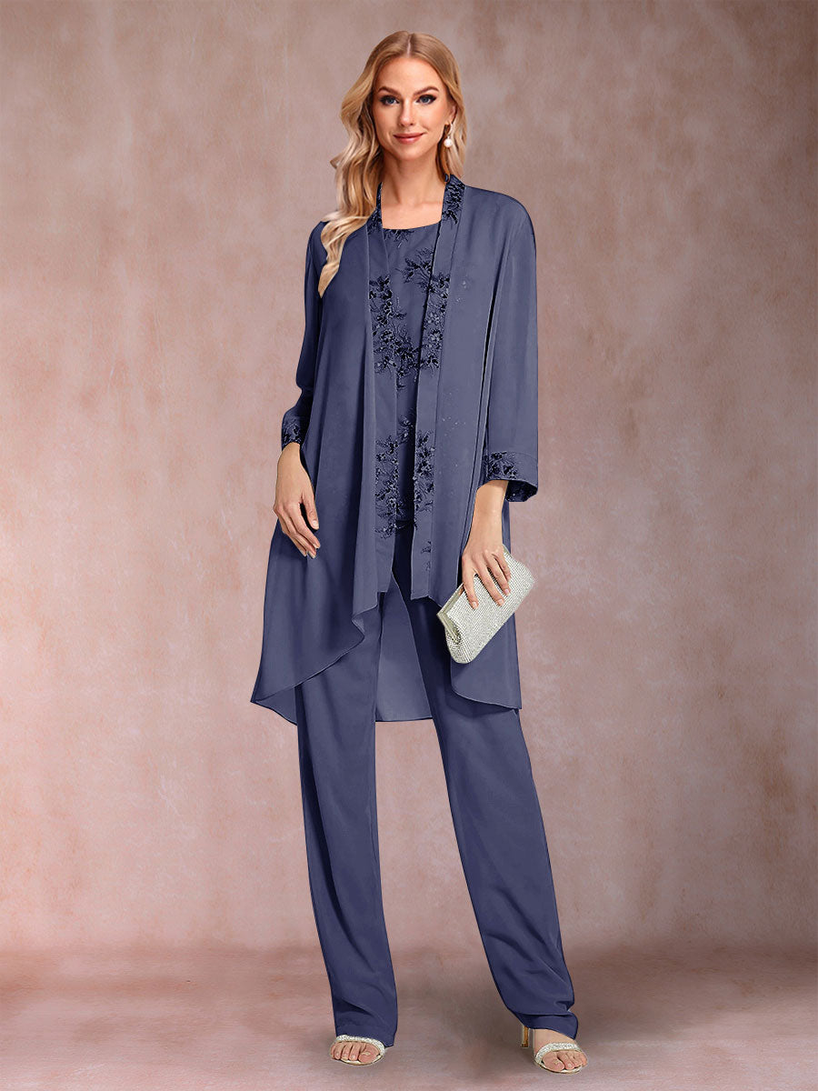 Chiffon Scoop Long Sleeves Floor-Length 3 Pieces Mother of the Bride Pantsuits with Appliques