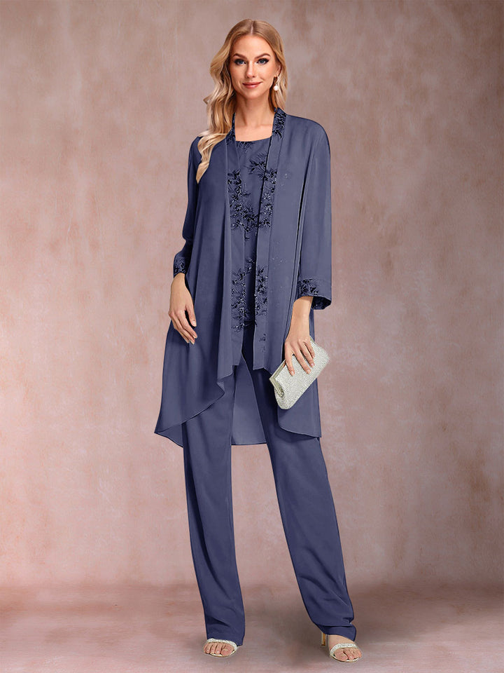 Chiffon Scoop Long Sleeves Floor-Length 3 Pieces Mother of the Bride Pantsuits with Appliques