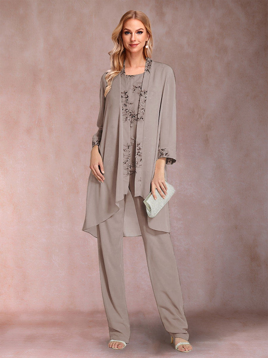 Chiffon Scoop Long Sleeves Floor-Length 3 Pieces Mother of the Bride Pantsuits with Appliques